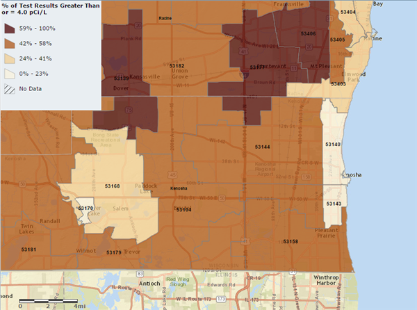 Radon levels in Kenosha County Map