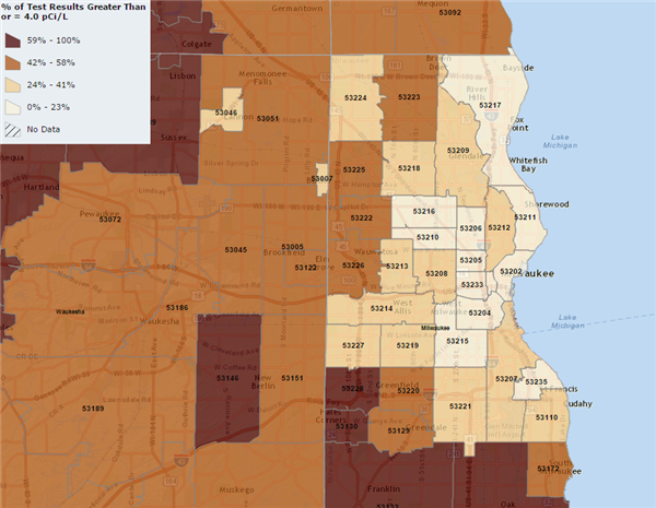 Milwaukee Radon Gas Levels Map Above 4.0 pCi/L